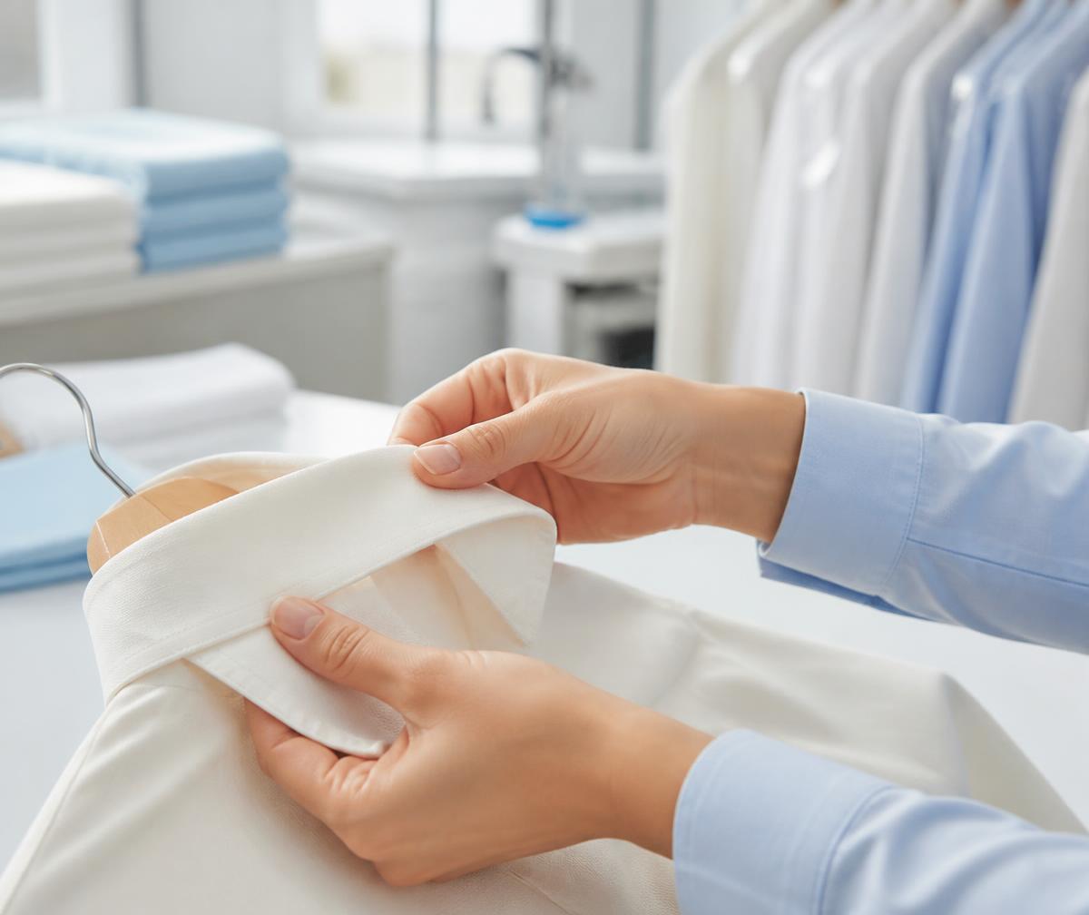 Manos profesionales revisando el cuello de una camisa en el taller